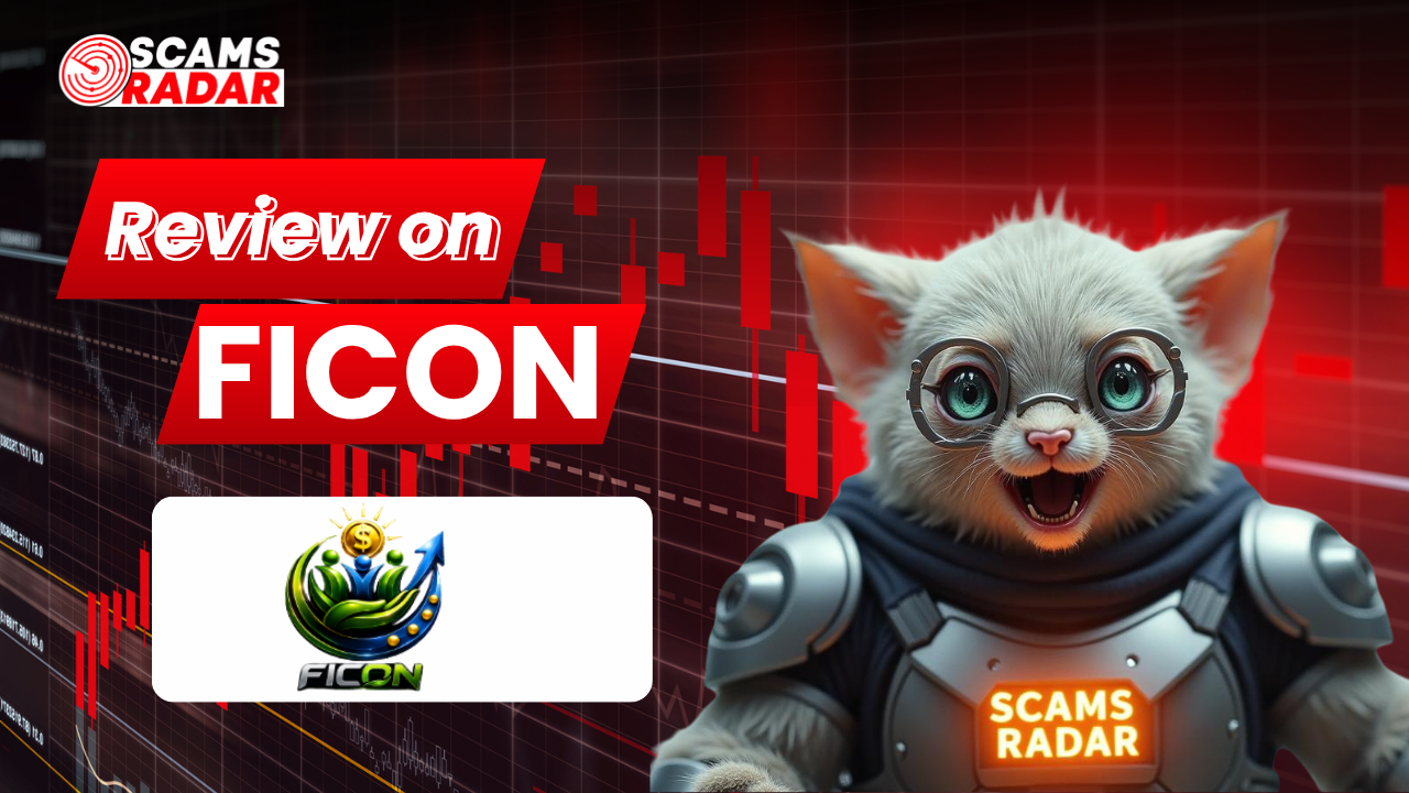 "Scams Radar review thumbnail for FICON investment platform, featuring a red bearish trading chart background, a futuristic cat mascot, and the FICON official logo."