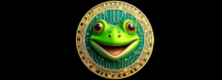 Green frog crypto coin logo with blockchain circuit design and gold coin border on black background
