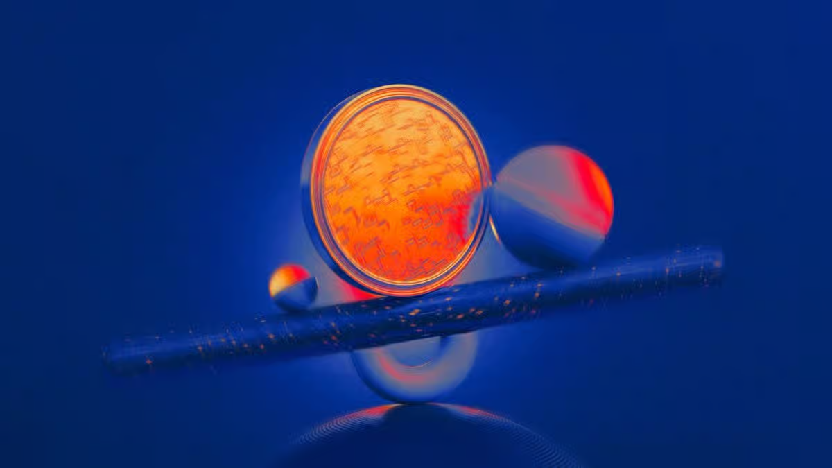 3D illustration of a glowing orange cryptocurrency coin balancing on a textured blue cylinder with spheres against a dark blue background, representing digital asset market stability.