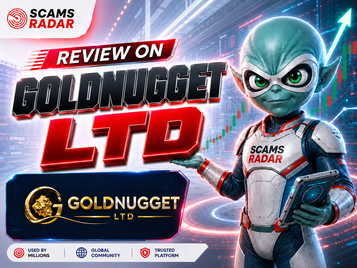 Scam Radar review of GoldNugget LTD featuring a futuristic mascot, trading charts, and GoldNugget LTD branding in a high-tech background.