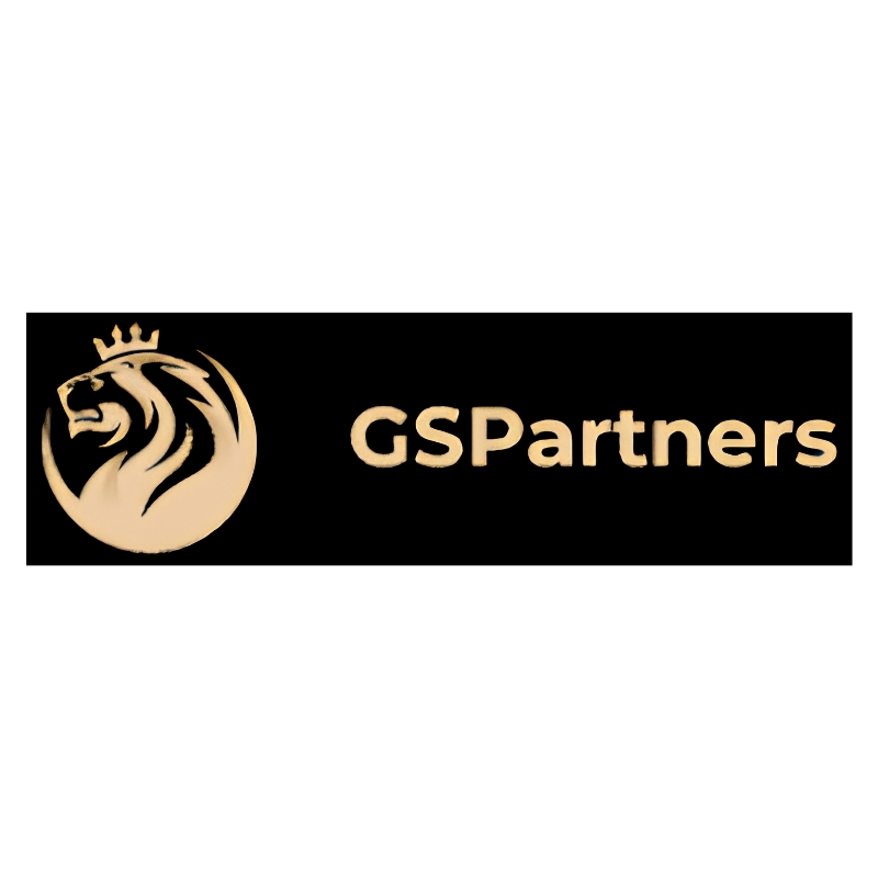 Golden GSPartners logo featuring a crowned lion emblem on a solid black background.