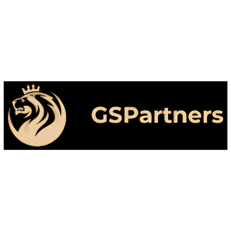 GSPartners gold lion logo with a crown on a black background.