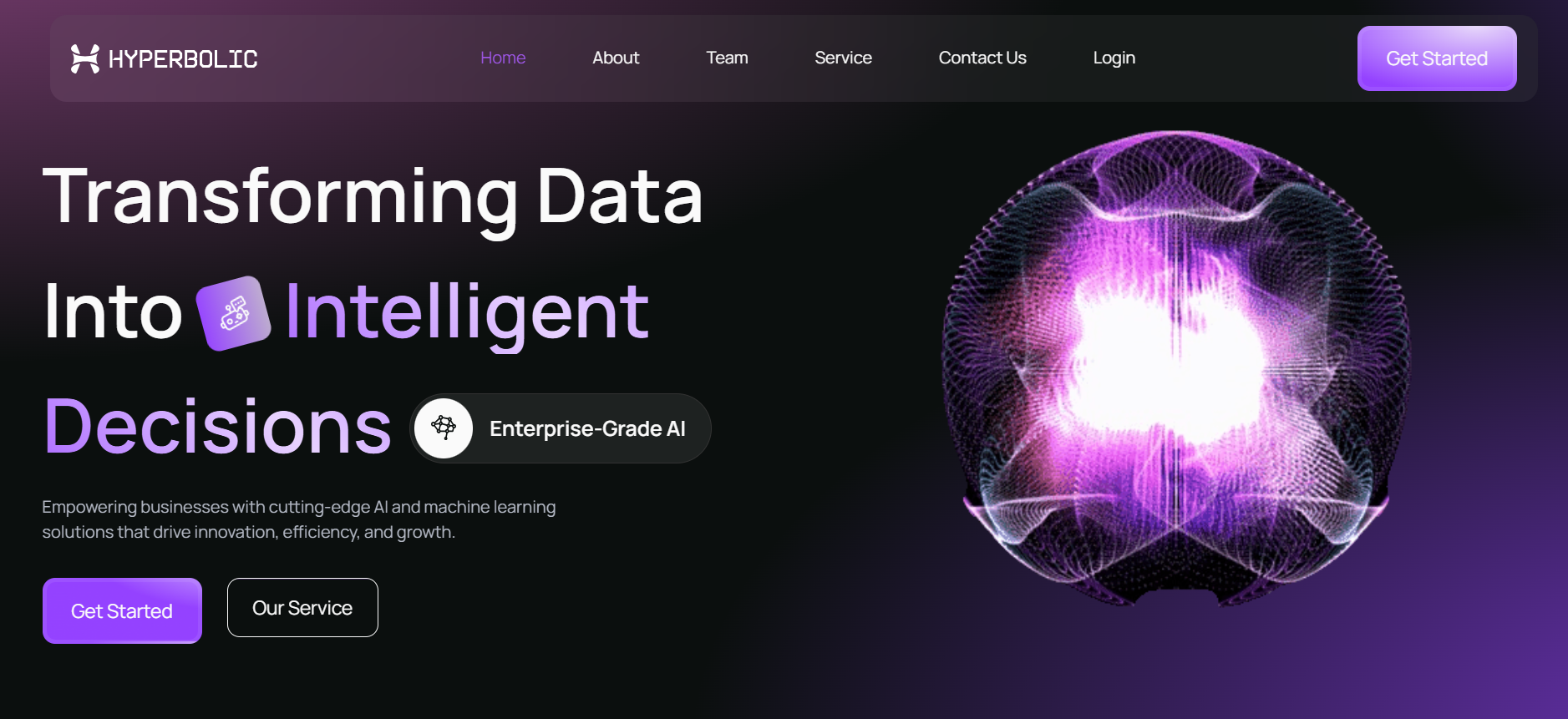 Hyperbolic website homepage hero section displaying the text "Transforming Data Into Intelligent Decisions" with an Enterprise-Grade AI badge and a glowing purple data orb on a dark background.