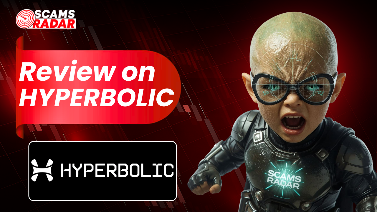 Scams Radar YouTube video thumbnail featuring the text "Review on HYPERBOLIC" in a red banner. An intense, futuristic character with high-tech glasses stands next to the Hyperbolic logo against a dark red background showing downward financial charts.