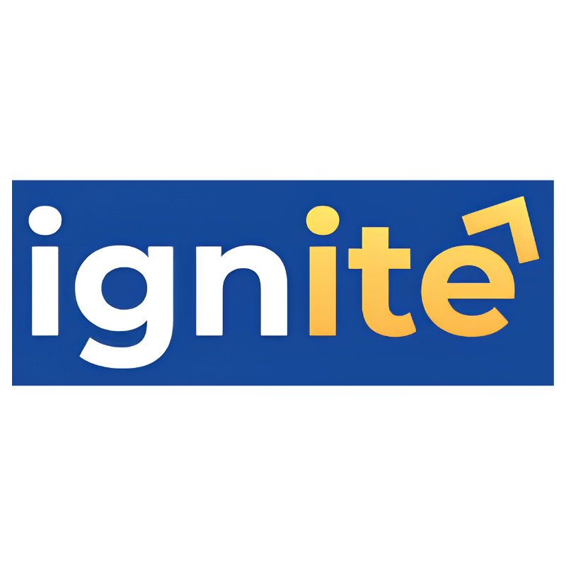 Ignite logo featuring white and yellow text with an upward arrow accent on a blue rectangular background.