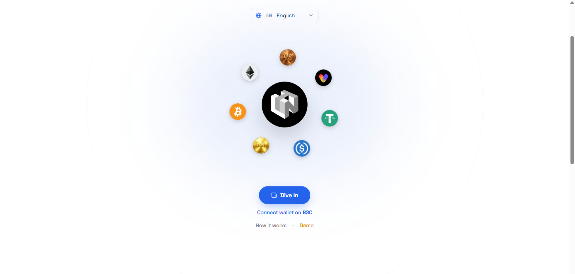 TLN Protocol dashboard interface showing cryptocurrency integrations, wallet connection on BSC network, and support for Bitcoin, Ethereum, Tether, and other digital assets.