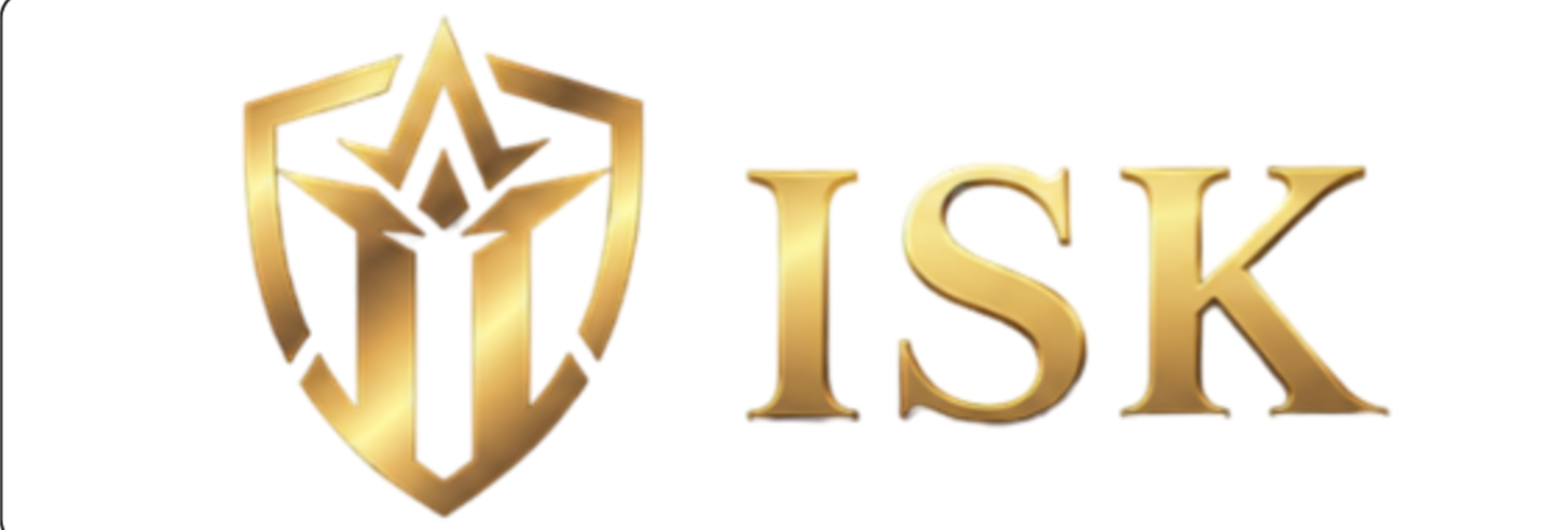 Gold ISK logo featuring a shield-shaped emblem with a stylized crown design and the letters ISK on a white background, representing a financial or blockchain-related brand.