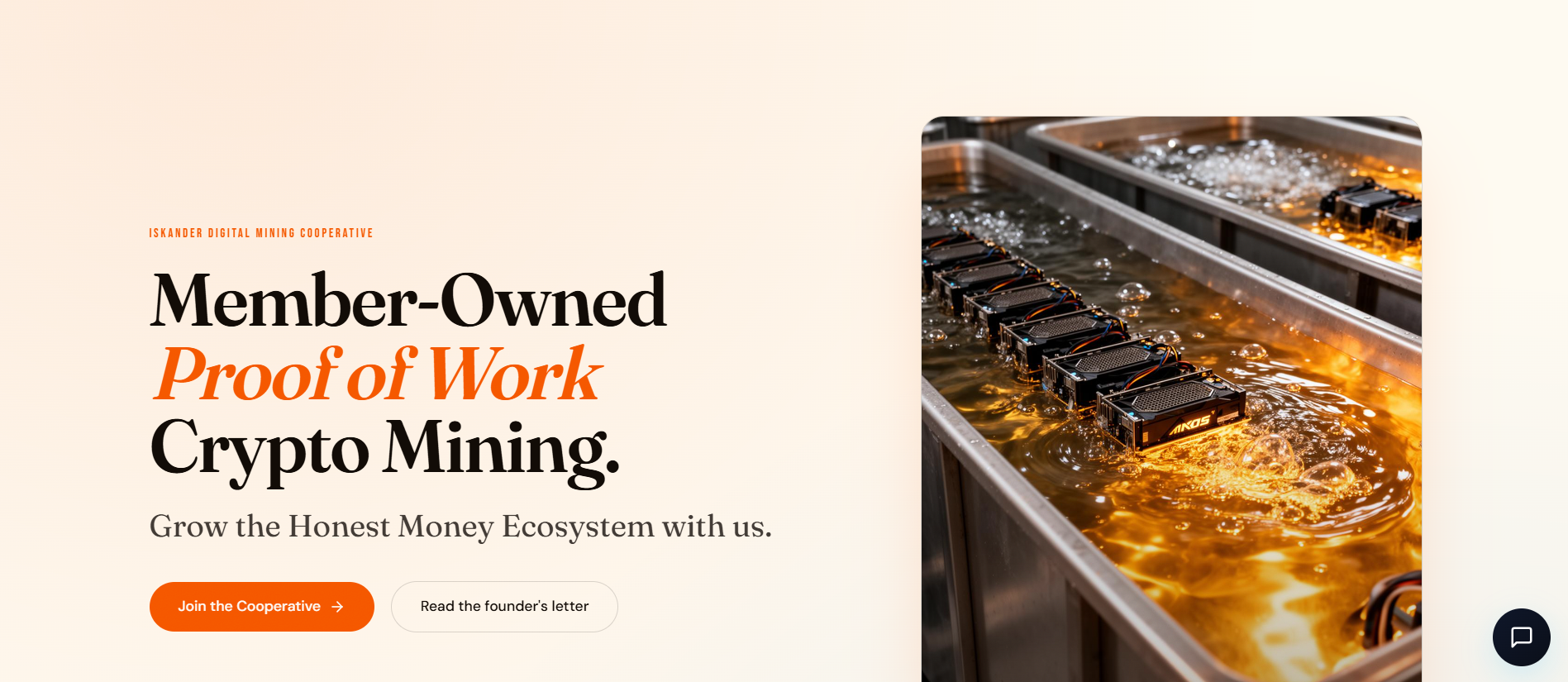 ISK Digital Mining Cooperative webpage promoting member-owned Proof of Work crypto mining, featuring liquid-cooled mining hardware and a call-to-action to join the cooperative.