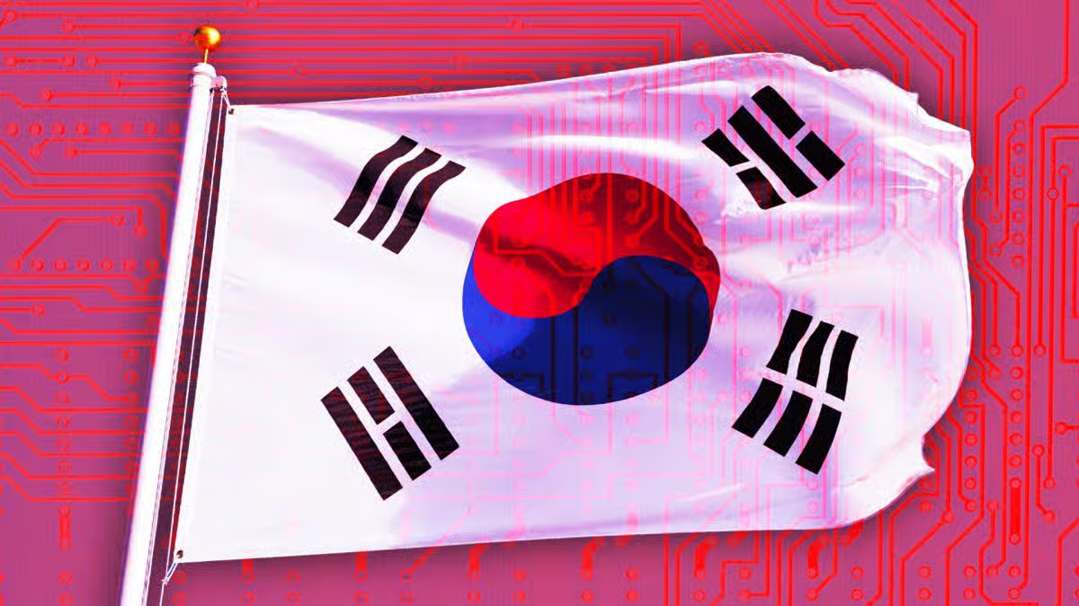 South Korean flag displayed over a digital circuit board background representing technology, artificial intelligence, cybersecurity, and digital regulation in South Korea.