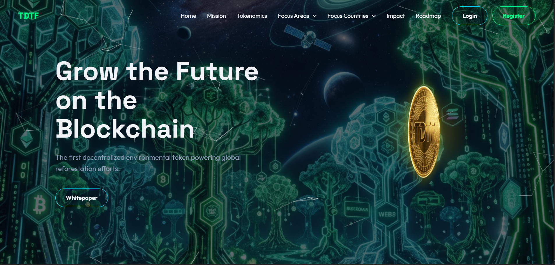 TDTF blockchain platform homepage showcasing a decentralized environmental token, digital forest ecosystem, crypto technology, and global reforestation initiative.