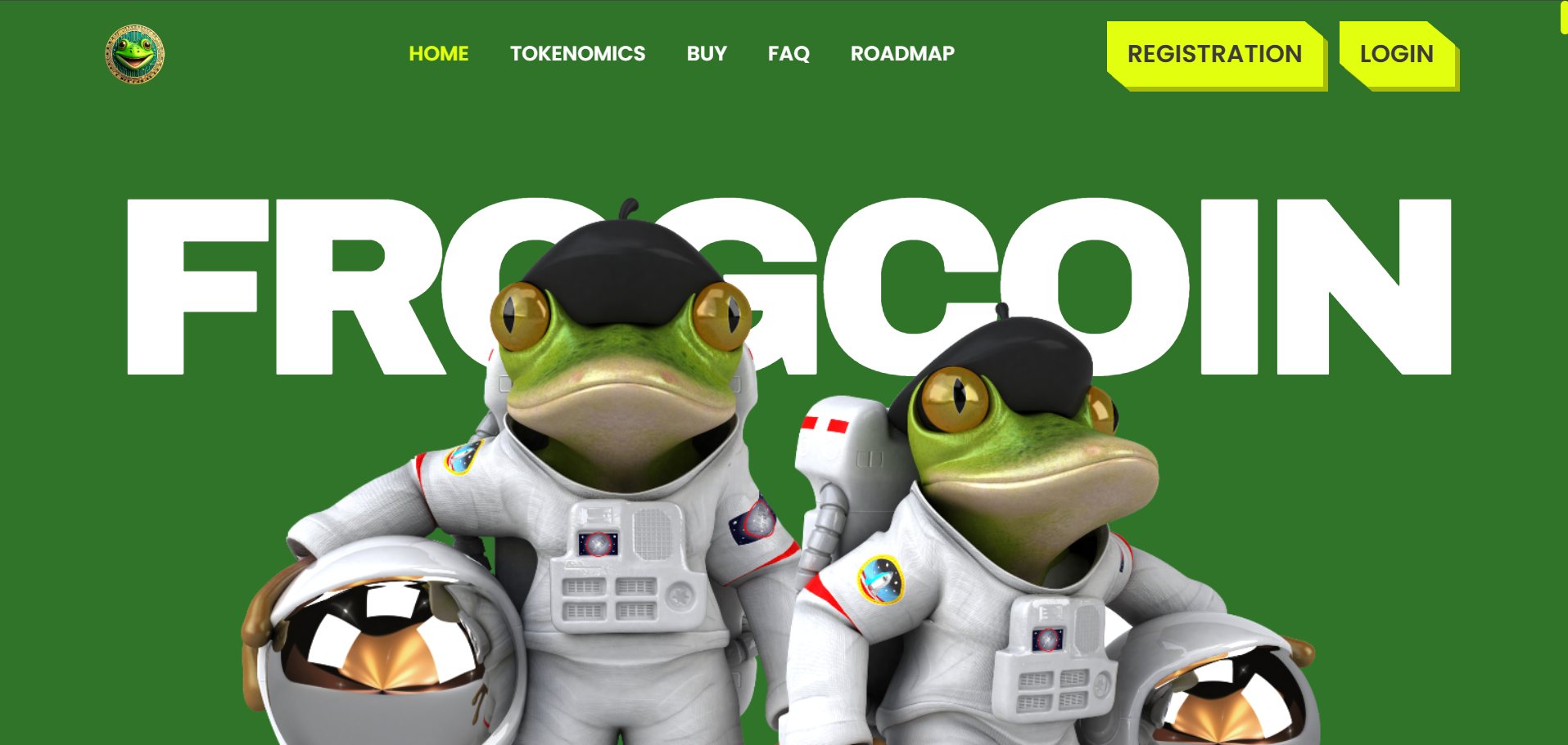 FrogCoin cryptocurrency website featuring two astronaut frog mascots, tokenomics roadmap navigation, and blockchain-themed branding.