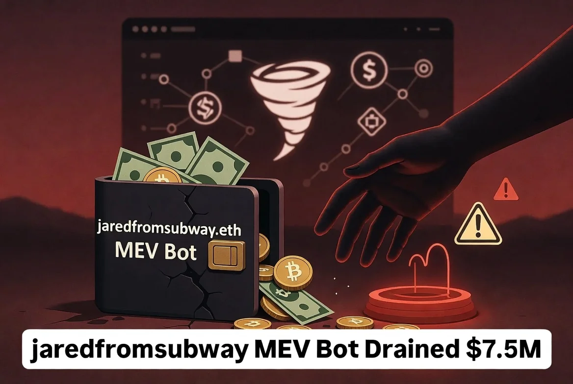 Illustration of a cracked digital wallet labeled jaredfromsubway.eth MEV Bot with money and Ethereum coins spilling out into an attacker's hand and honeypot trap, representing the $7.5 million drain on Ethereum.