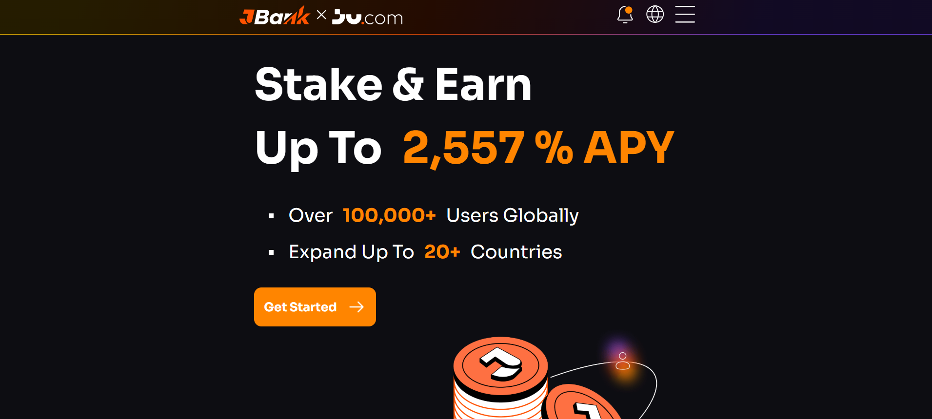 JBank Stake and Earn platform displaying up to 2557 percent APY rewards, user statistics, and staking investment opportunities