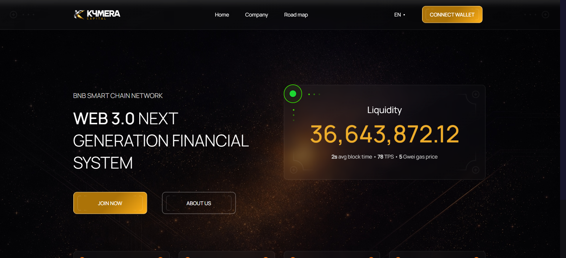 Kymera Capital Web3 financial system homepage showing BNB Smart Chain network, liquidity dashboard, and wallet connection feature