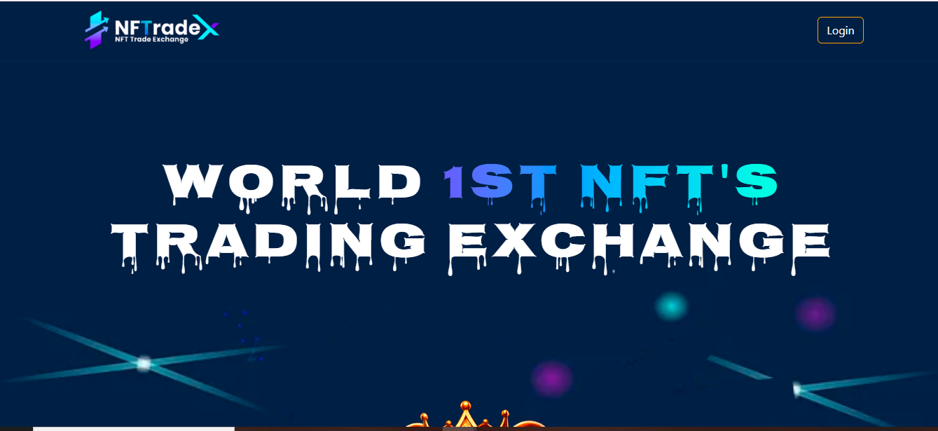 NFTradeX NFT trading exchange banner showing “World 1st NFT’s Trading Exchange” with modern crypto themed dark blue background and glowing effects