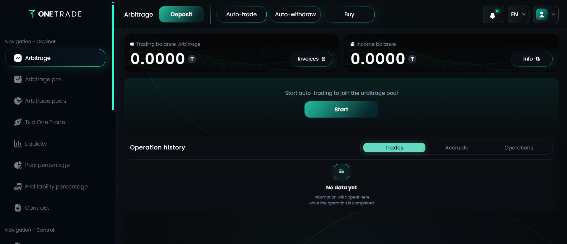 User dashboard interface of the One Trade platform displaying the arbitrage trading balance, deposit options, and auto-trade features.