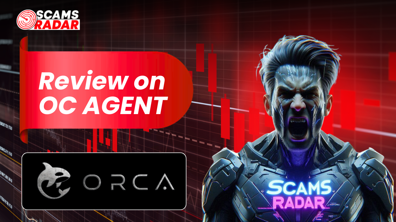A dramatic YouTube thumbnail by Scams Radar featuring a screaming cybernetic man against a falling red stock market chart. A bright red banner displays the text "Review on ORCA" right above the metallic Orca logo.