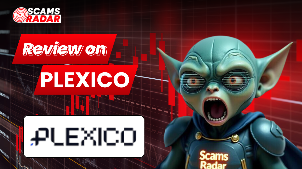 Scams Radar review infographic featuring Plexico brand logo and financial market background
