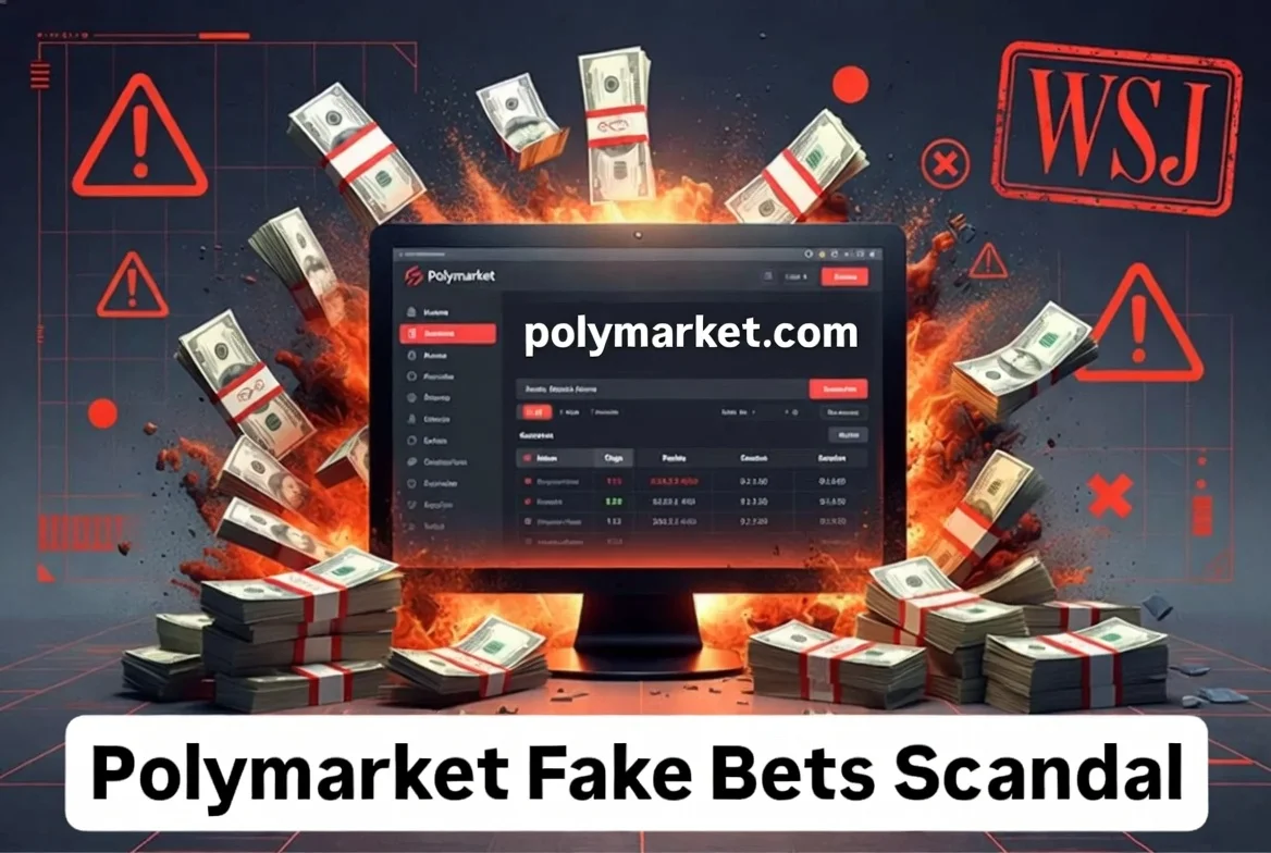 Polymarket fake bets scandal illustration showing computer screen with dummy polymarket website, exploding stacks of money, WSJ stamp and red warning symbols, representing the Wall Street Journal investigation into staged winning bets.
