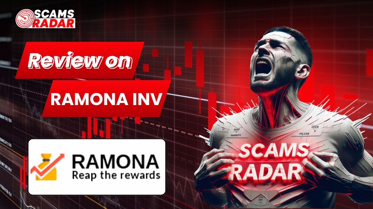 Scams Radar thumbnail analyzing Ramona Inv platform with text Review on Ramona INV, featuring a screaming man over a crashing red stock candle chart and the Ramona logo.