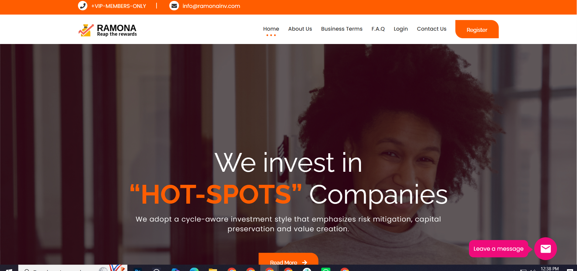 Ramona Inv official website homepage screenshot featuring their slogan Reap the rewards, headline We invest in HOT-SPOTS Companies, and support email info@ramonainv.com.