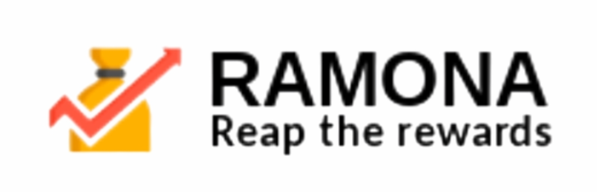 Ramona official logo featuring a yellow money bag and an upward growth arrow with the slogan Reap the rewards.