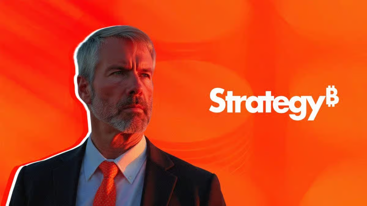 Michael Saylor with Strategy Bitcoin branding discussing Bitcoin investment strategy and corporate Bitcoin adoption.