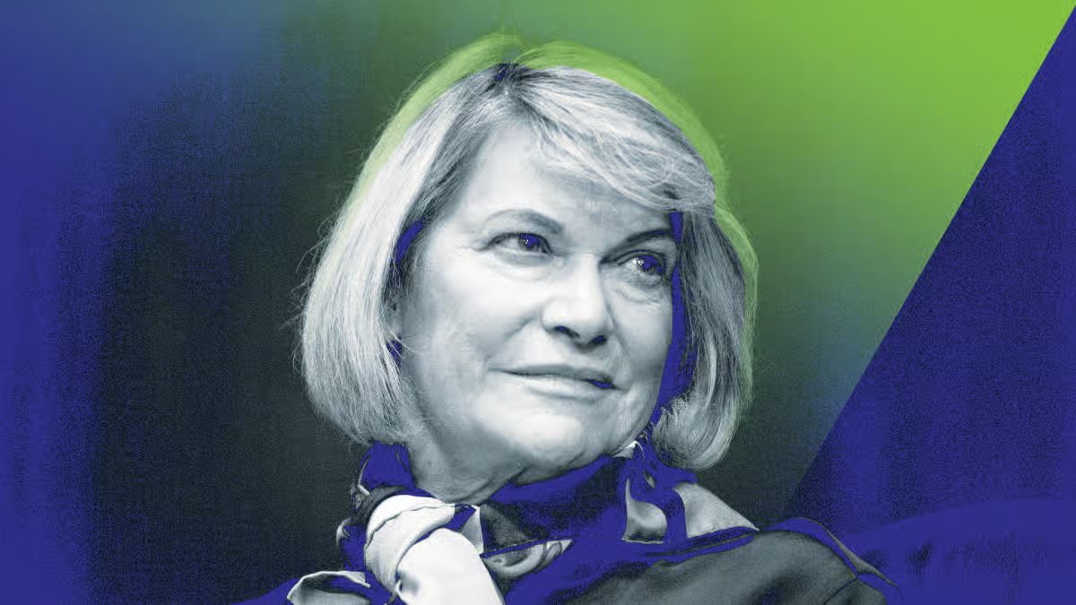 A stylized professional portrait of a woman wearing a scarf, featuring a modern blue and bright green duotone gradient effect.