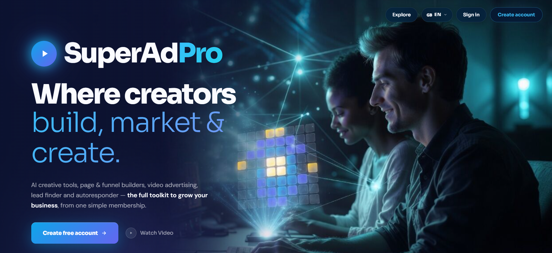 SuperAdPro platform dashboard for creators to build, market, and create digital content with AI-powered marketing tools