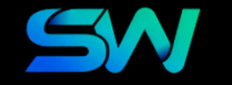 SW logo with blue and teal gradient design on black background