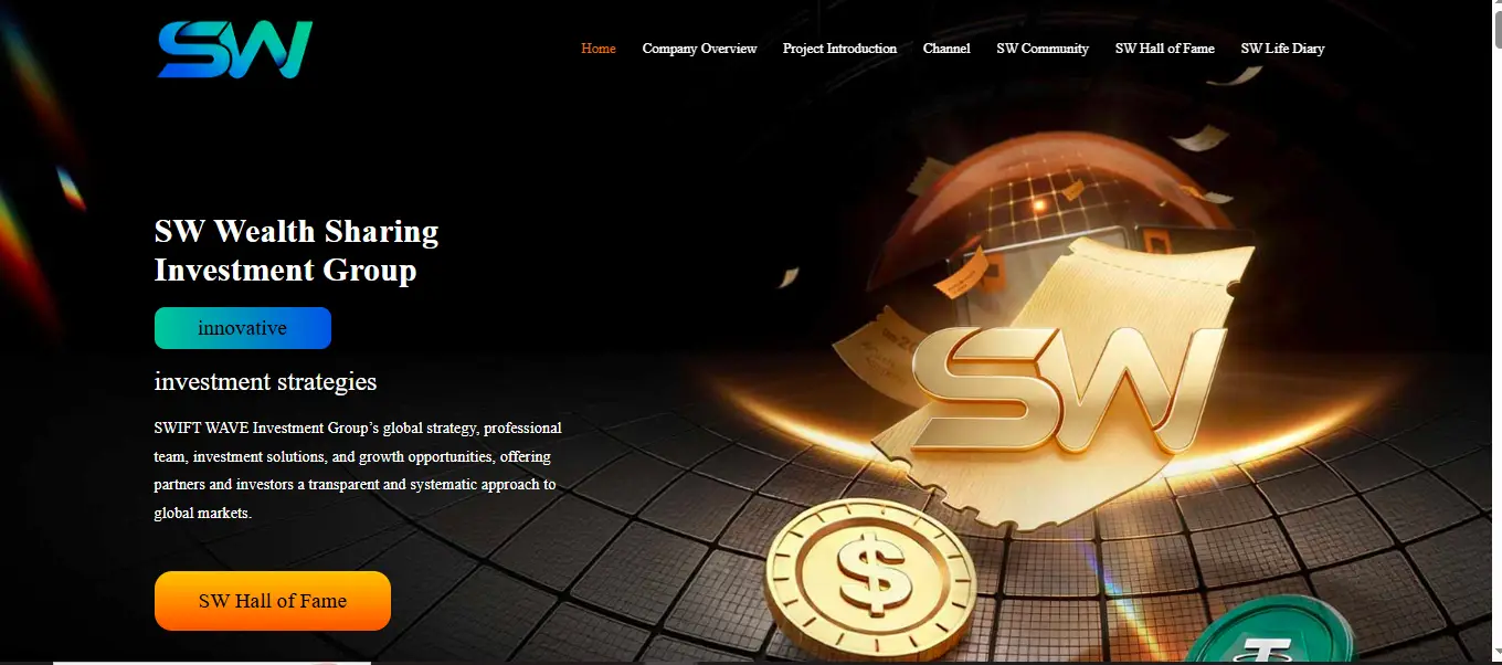 SW Wealth Sharing Investment Group homepage displaying investment strategies, global investment opportunities, and SW branding