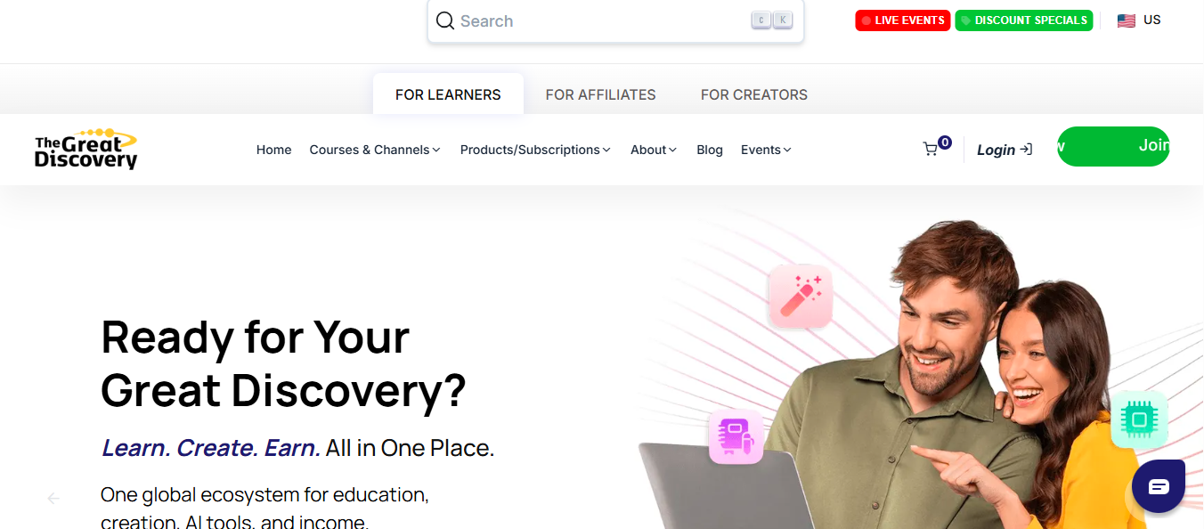 The Great Discovery homepage screenshot showing education platform, affiliate programs, AI tools, courses, and membership options