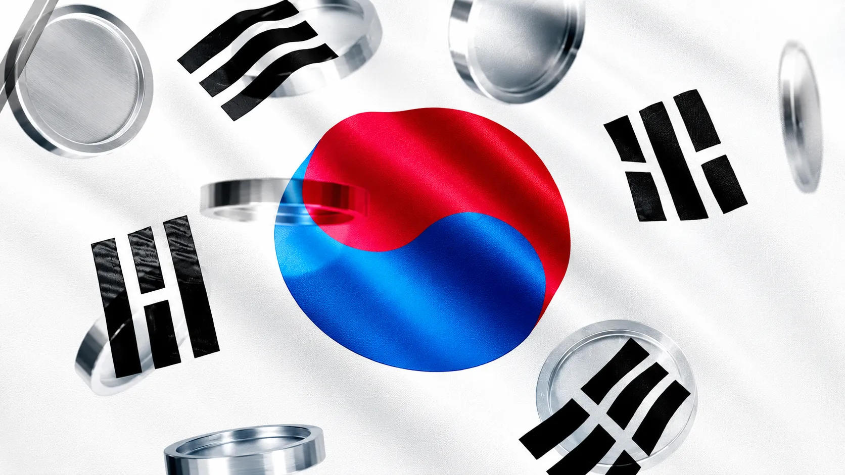 Stylized South Korean Taegeuk symbol with metallic elements representing blockchain and digital finance innovation.