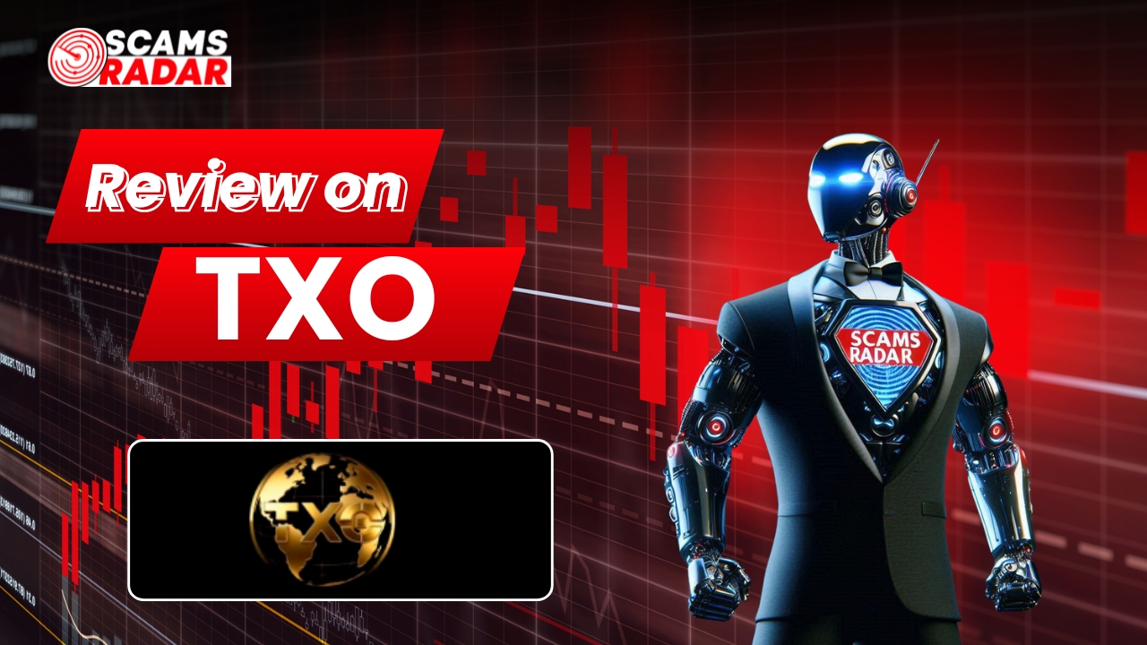 TXO review thumbnail showing scam analysis, trading chart background, TXO logo, and AI investigator highlighting investment risks