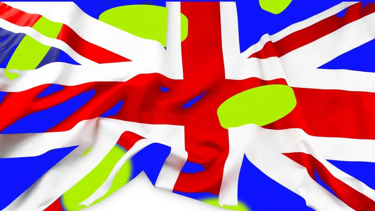 Abstract waving UK flag with vibrant blue, red, and white colors on a modern artistic background.