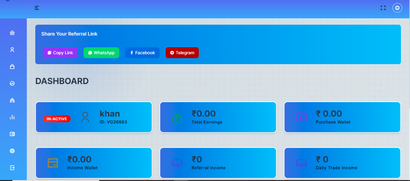 Vegus Global Review dashboard showing user account, earnings, wallet balance, and referral options