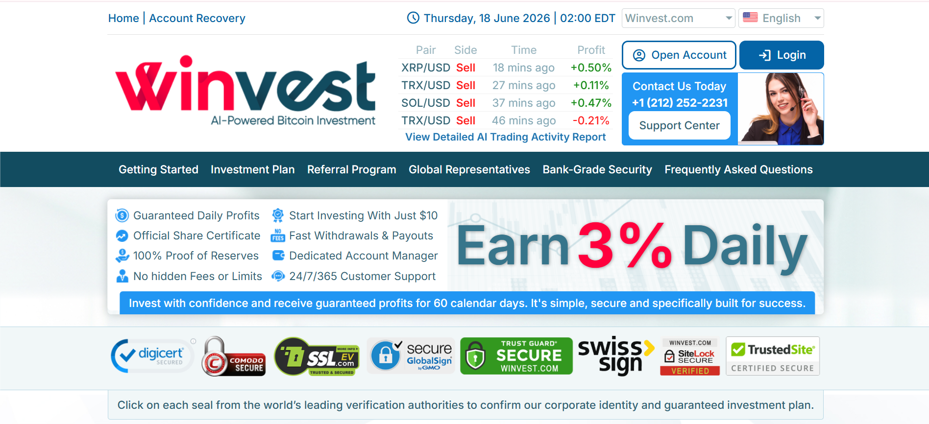 Winvest investment platform dashboard displaying AI-powered Bitcoin investment services, trading activity, and claimed daily profit offers