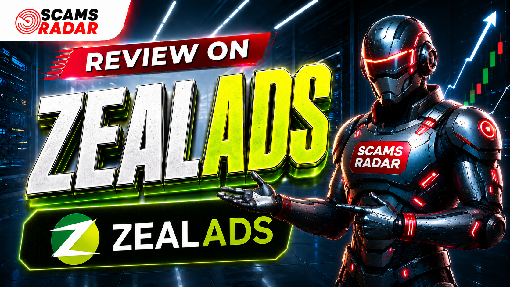 Zealads Review thumbnail highlighting ownership, compensation plan, ROI claims, red flags, and scam risk analysis by Scams Radar.