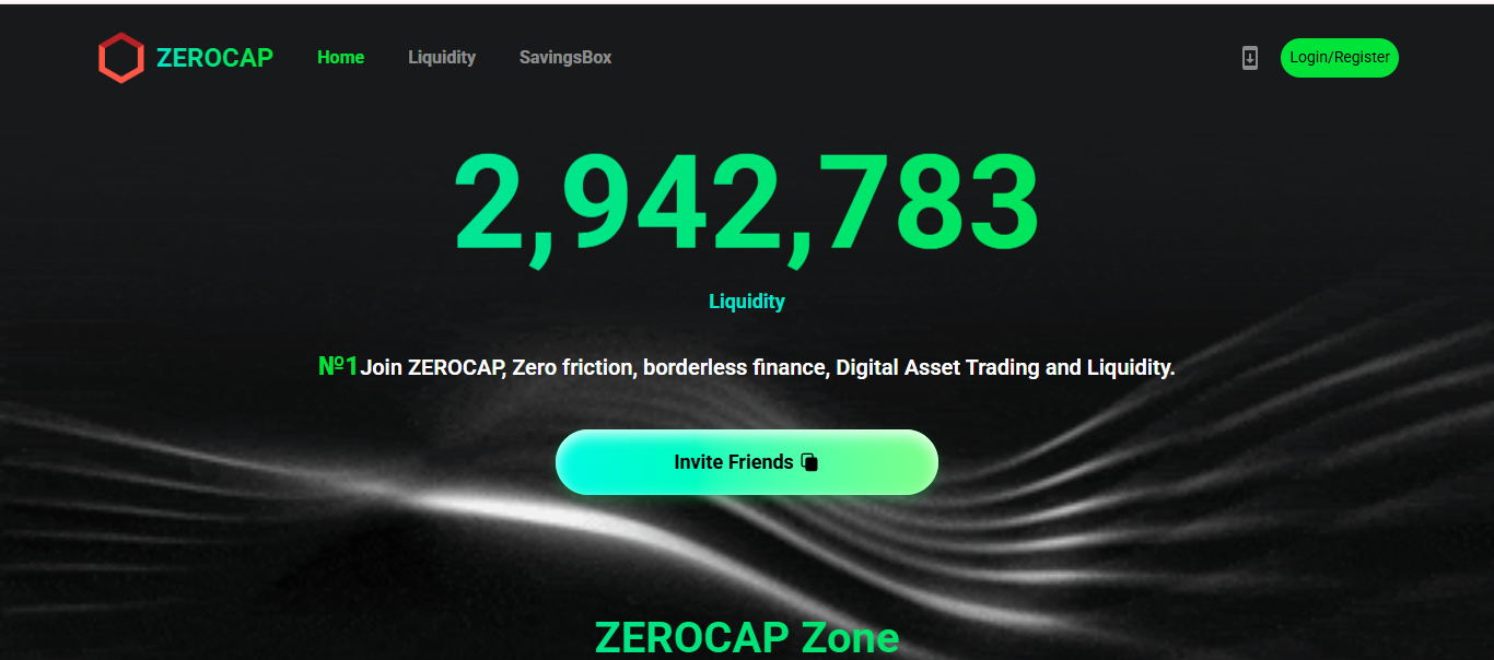 Screenshot of Zerocap website homepage showing liquidity dashboard, digital asset trading platform, and invite friends referral feature