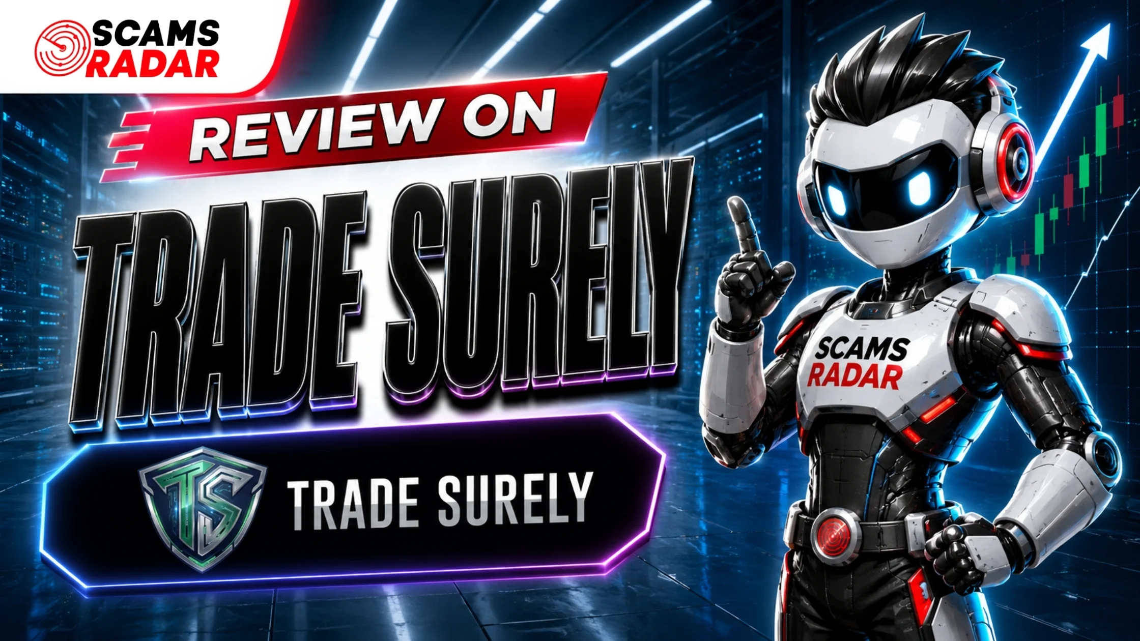 Scams Radar robot mascot reviewing Trade Surely trading platform with TS shield logo and upward trending graph in futuristic background