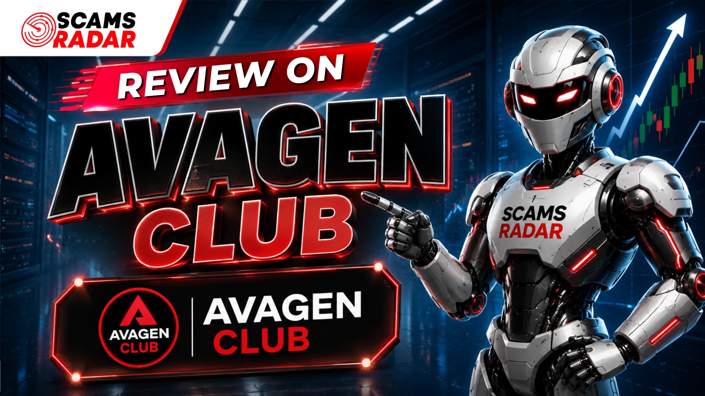 Scams Radar robot reviewing Avagen Club with official logo and upward trading graph in cyberpunk style background
