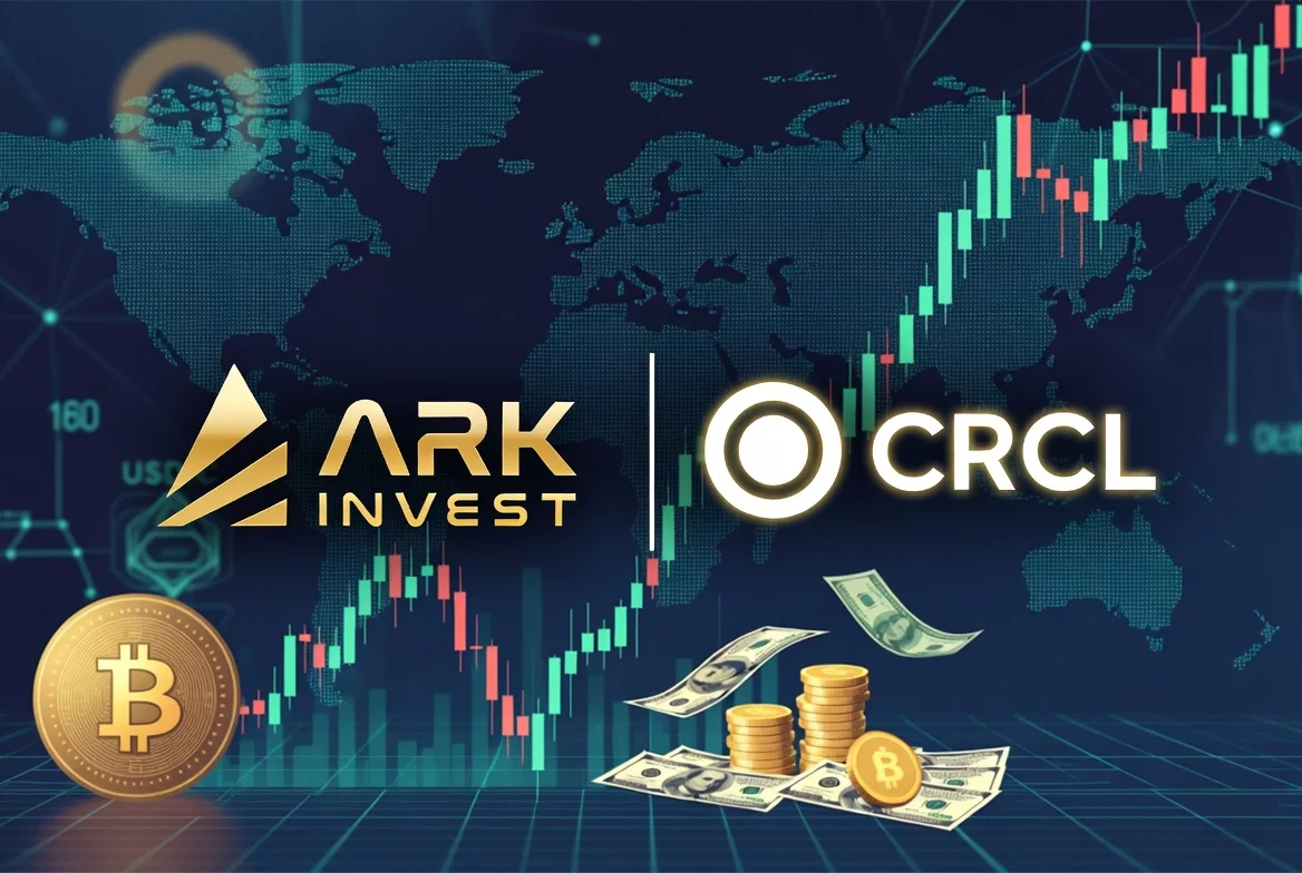 Cathie Wood's Ark Invest buying Circle Internet Group shares amid USDC stablecoin stock decline, with financial charts and blockchain elements in background