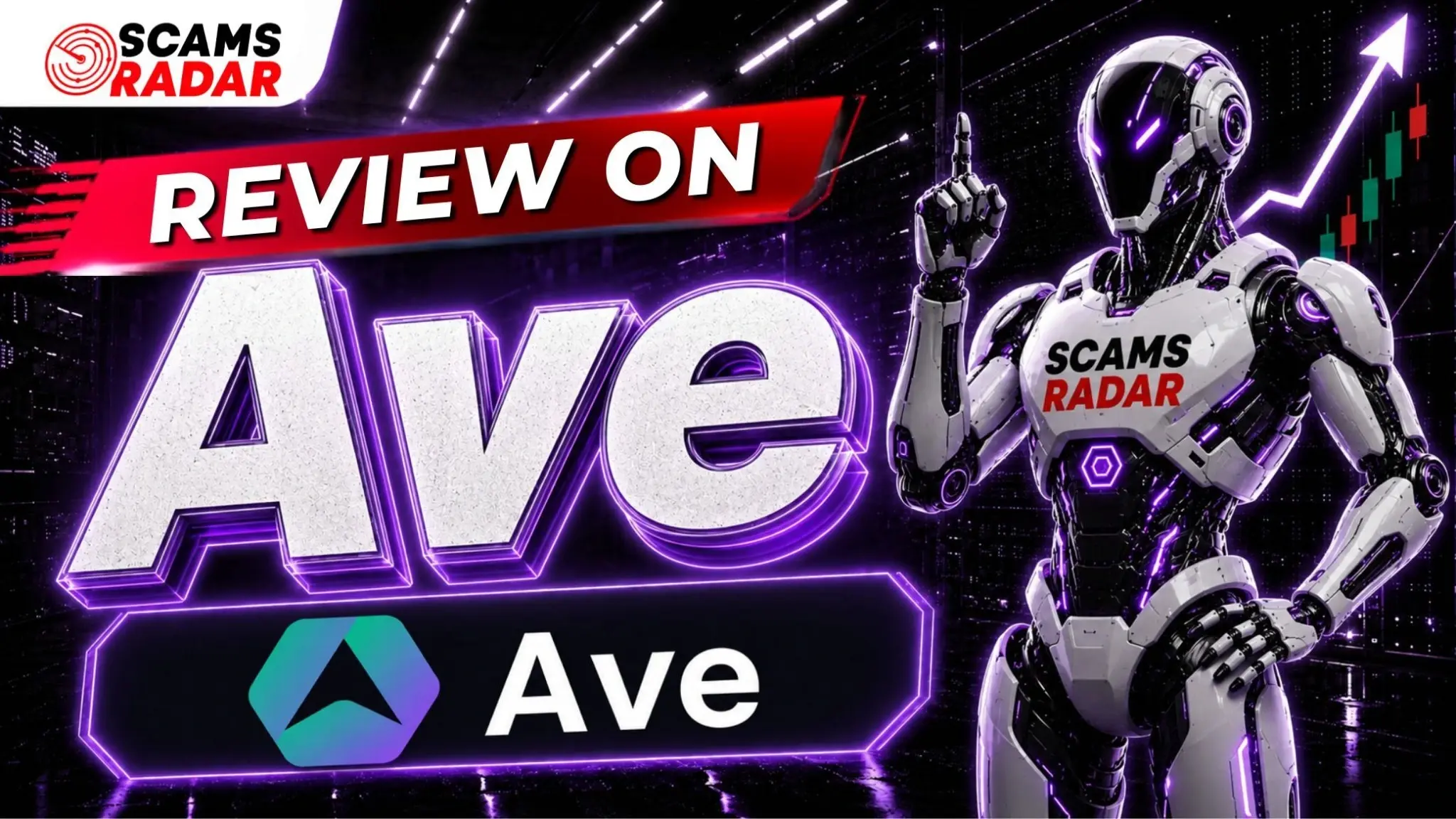 Ave Review featured by Scams Radar showing an AI robot, Ave logo, and investment growth chart in a futuristic background.