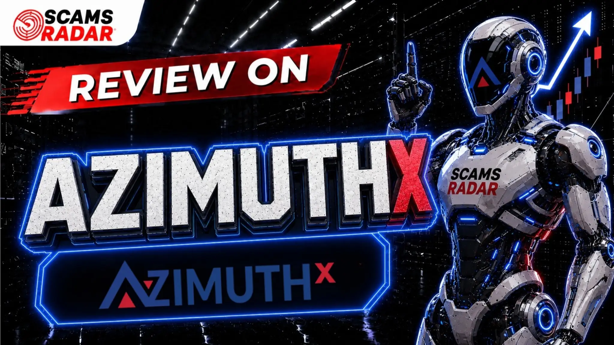 AzimuthX review featuring Scams Radar with AI robot and crypto market growth chart.
