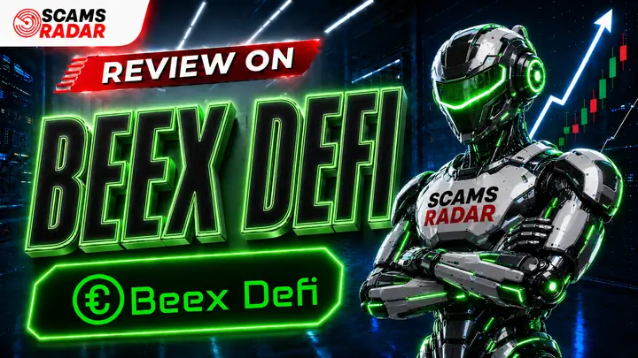 Beex DeFi Review thumbnail featuring a futuristic robot, Beex DeFi logo, and crypto market chart for scam analysis and platform review.