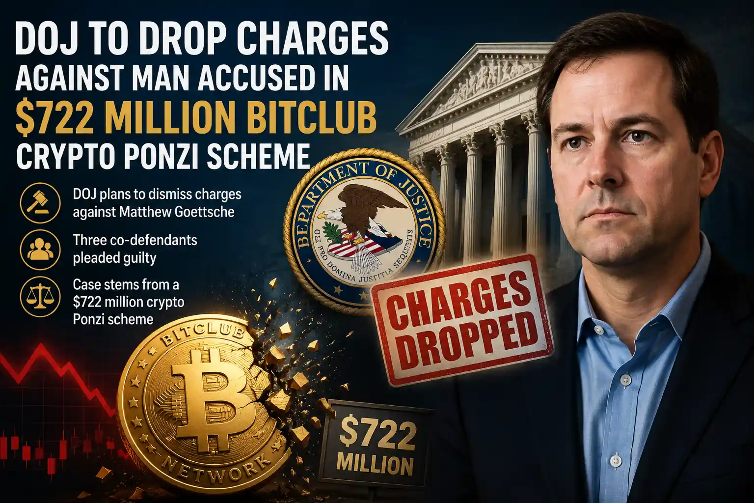 DOJ plans to dismiss charges against BitClub Network founder Matthew Goettsche in the alleged $722 million cryptocurrency Ponzi scheme case.