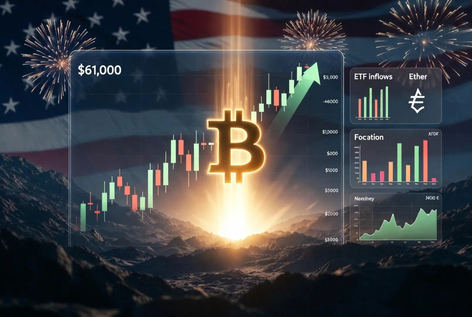 Bitcoin holding strong at $61,000 with upward recovery chart after softer than expected US jobs data, showing market rebound ahead of Independence Day