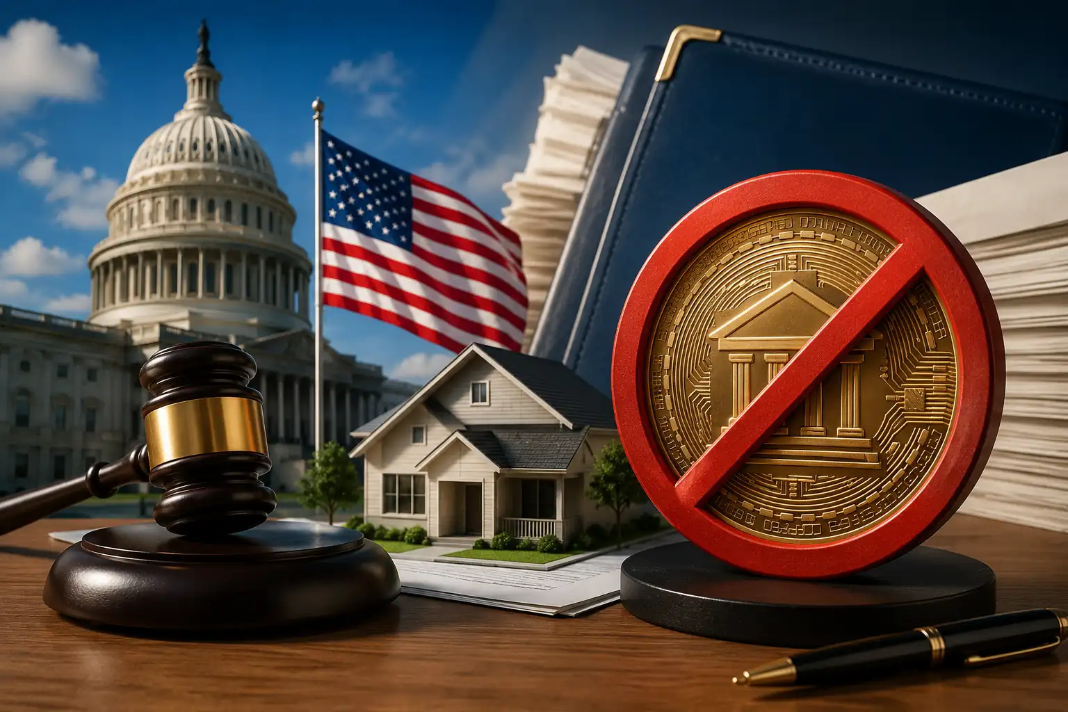 Concept illustration showing a U.S. government building, a house, a judge's gavel, and a digital currency symbol with a prohibition sign representing the CBDC ban in the housing bill.