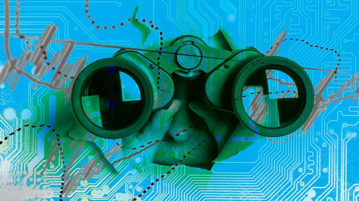 A person looking through green binoculars tearing through a bright blue digital circuit board, representing cyber security, digital surveillance, and data investigation.