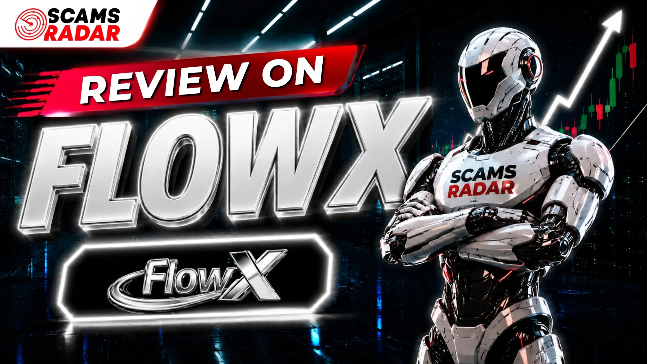 FlowX review by Scams Radar featuring powerful silver robot with glowing FlowX logo and financial growth chart